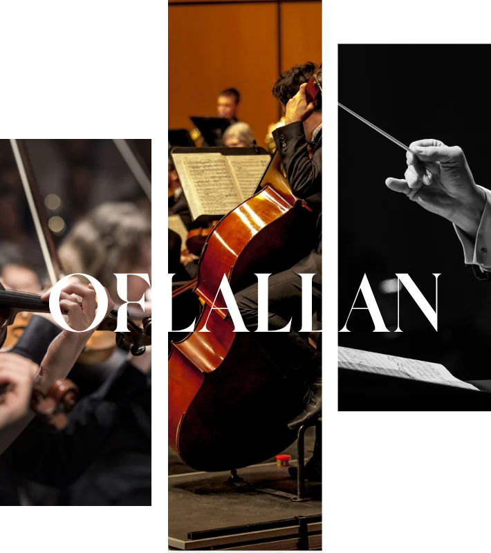 Tríptico de la orquesta: violines, violonchelo y la batuta del director
